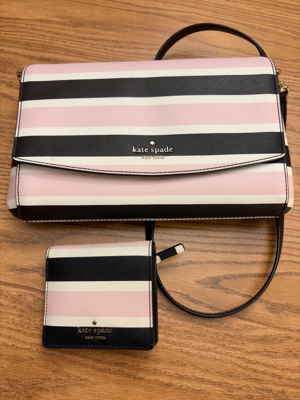 Kate Spade New York Striped Purse Handbag & Matching Wallet Pink Black White